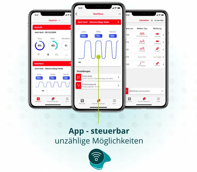 Dieses Bild zeigt die Moeglichkeiten der Red Sea ReefWave 45 App-Steuerung